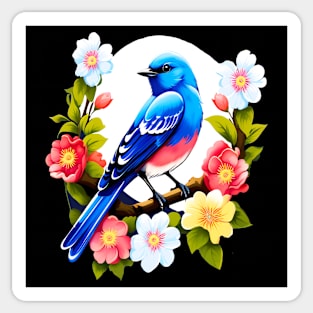 Cute Blue Bird Surrounded by Bold Vibrant Spring Flowers Sticker